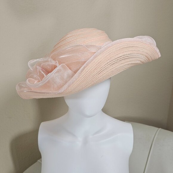 Blush Pink Organza Kentucky Derby Hat Wide Brim Church Wedding Fascinator - Picture 1 of 6